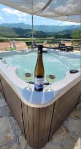 a bottle of wine and two wine glasses in a hot tub at Villa Vito - with heated pool, whirlpool, gym in Šarići