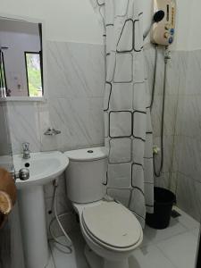 a white bathroom with a toilet and a sink at Chelle's apartelle-inn in El Nido