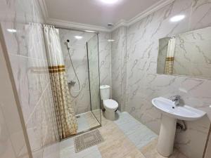 a bathroom with a shower and a toilet and a sink at Apartments Chisinau in Chişinău