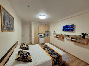 a bedroom with a large bed with two pillows at Apartments Chisinau in Chişinău +141 photos