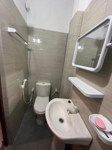 a bathroom with a white toilet and a sink at Green Sapphire Home Stay in Anuradhapura