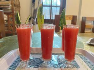 three drinks in glasses sitting on a tray at Green Sapphire Home Stay in Anuradhapura