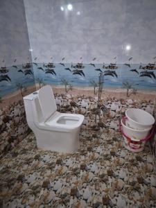 a bathroom with a toilet and a mural of birds at Om Hotel & Lodge in Baharāgora +5 photos