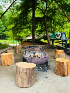 a grill with wooden stumps in a park at 神庭-kaniwa- in Chichibu