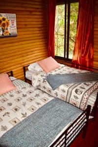 two beds sitting in a room with a window at Cabaña Colibrí - Parking in Sarchí