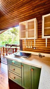 a kitchen with a counter and a wooden wall at Cabaña Colibrí - Parking in Sarchí +17 photos