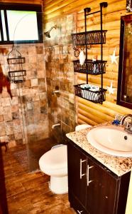 a bathroom with a toilet and a sink at Cabaña Colibrí - Parking in Sarchí