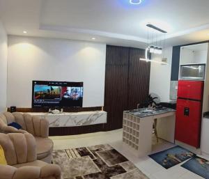 a living room with a couch and a tv on the wall at Delight 1 Bedroom Apartment - Off Awolowo Road Ikeja in Ikeja