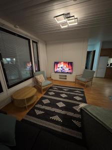 a living room with a fireplace and a tv at Aurora riverside home in Rovaniemi