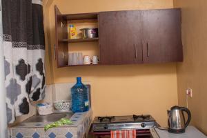 a kitchen with a sink and a stove and cabinets at Serenity Suites Studio in Busia