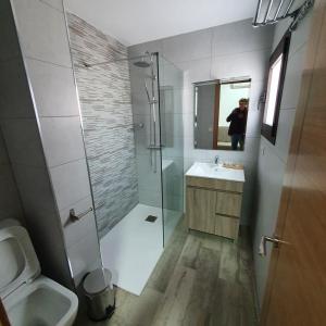 a bathroom with a shower and a sink and a toilet at B&B Ágora in Sayalonga