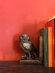 a statue of an owl sitting on a shelf next to books at Casa Camas, wide 2bedroom, feel the mountain in Breuil-Cervinia