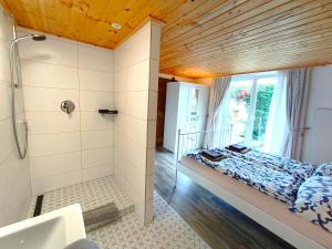 a bedroom with a bed and a shower and a tub at Landhaus Danita in Bodensdorf +136 photos