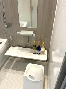 a bathroom with a toilet and a sink and a mirror at ニセコ泉居アパートメント in Kutchan +45 photos