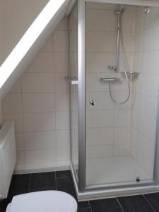 a bathroom with a shower with a toilet at Luettje-Glueck in Pogum +13 photos