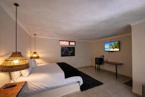 a hotel room with a bed and a television at Bougainvilla Kolwezi Guesthouse in Kolwezi