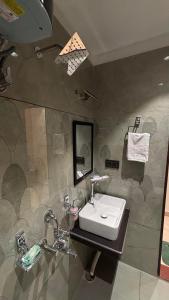 a bathroom with a sink and a mirror at Hotel Buransh in Haldwāni