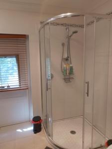 a shower with a glass door in a bathroom at Elegant Holiday Studio in Werribee +3 photos
