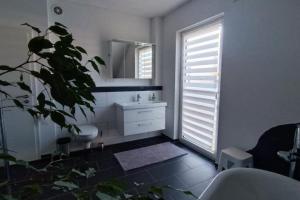 a bathroom with a sink and a toilet and a mirror at NEU! FeWo Maria Buch in Neresheim +6 photos