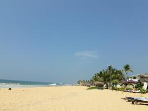 a sandy beach with palm trees and the ocean at Hector's Place in Hikkaduwa