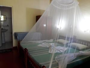 a bedroom with a bed with a mosquito net at Hector's Place in Hikkaduwa