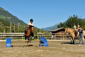 een persoon die op een paard over een obstakel springt bij Landhotel Anna in Silandro