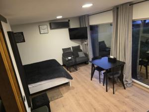 a bedroom with a bed and a table and a chair at Tīkli 3 in Bigauņciems