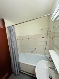 a bathroom with a tub and a toilet and a sink at Freudenstadt City Apartment in Freudenstadt