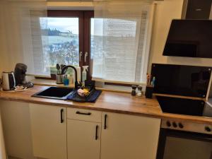 a kitchen with a counter with a sink and a window at Ferienwohnung Familie Aestel in Altensteig