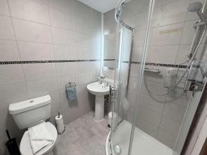 a bathroom with a shower and a toilet and a sink at Millbrook House Apartments 3 in Milton