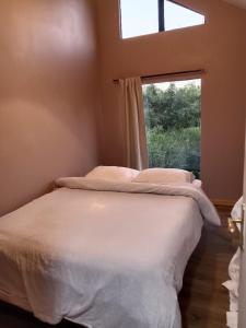 a bed in a room with a window at Lux tree house karen in Nairobi