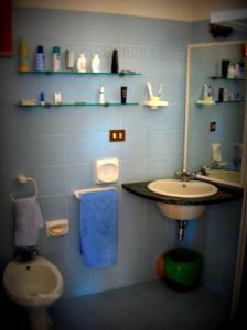 ラ・マッダレーナにあるAppartamento La Maddalenaの青いバスルーム(洗面台、トイレ付)