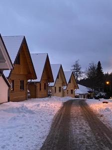 a row of wooden houses in the snow at Bosnest Nr 176 in Frankenau