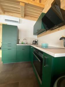 a kitchen with green cabinets and a black oven at Bosnest Nr 176 in Frankenau +22 photos