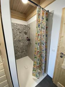 a shower in a bathroom with a shower curtain at Bosnest Nr 176 in Frankenau