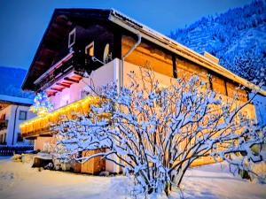 a building with a snow covered tree in front of it at Ferienhaus Meins in Kals am Großglockner
