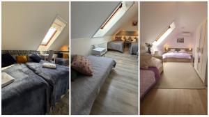 two pictures of a living room and a bedroom with skylights at Le Rose Suites & Park Hotel in Budapest