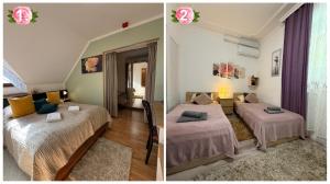 a bedroom with two beds and a living room at Le Rose Suites & Park Hotel in Budapest