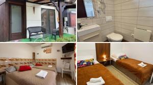 three pictures of a room with two beds and a bathroom at Le Rose Suites & Park Hotel in Budapest