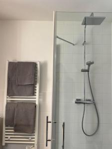 a bathroom with a shower with a shower head and towels at Alpencabin Montafon in Vandans +37 photos