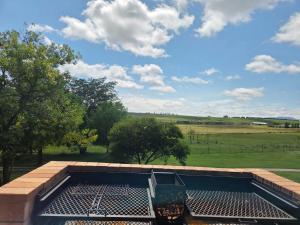 a fire pit with a view of a field at Merino Guest Farm in Clarens +33 photos