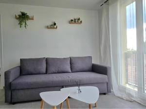 a living room with a couch and two tables at Le Freneusien, Wi-Fi parking in Freneuse