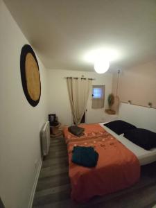 a bedroom with a large bed with orange sheets at Le cosy in Clermont-lʼHérault
