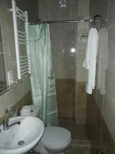 a bathroom with a shower and a toilet and a sink at Villa Bakuriani hotel in Bakuriani +14 photos