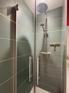 a shower with a glass door in a bathroom at Le cozy Cathedral Reims in Reims +6 photos