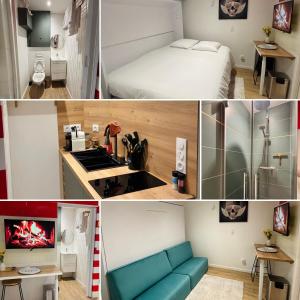 a hotel room with a bed and a kitchen at Le cozy Cathedral Reims in Reims