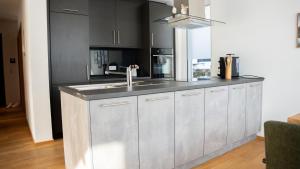 a kitchen with a sink and a microwave at Großzügige Gartenwohnung mit Bergblick in Fritzens +8 photos