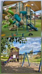 a collage of two pictures of a playground at קיבוץ שדה נחום Green House in Sede Naẖum
