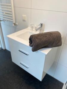 a bathroom with a sink with a towel on it at Beachhouse in Hulshorst +16 photos