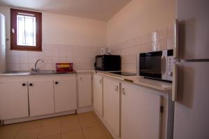 a kitchen with white cabinets and a microwave and a refrigerator at Gîte Le Logis des Dieux in Sarrancolin